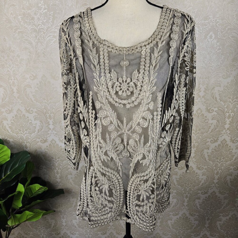 Ultra PInk Size Large Black Sheer Blouse Heavy Gold Embroidery Evening Dressy